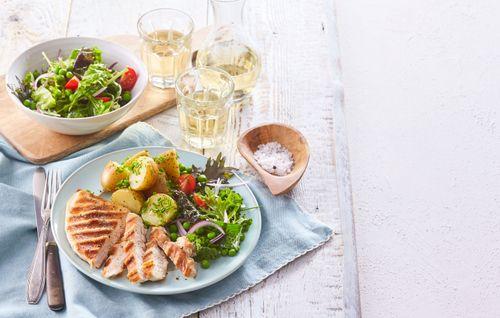 Nové zemiaky s kuracím steakom a šalátom